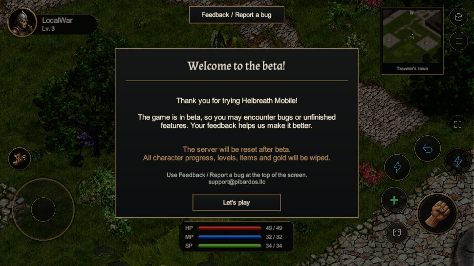 The in-game welcome panel explaining that the game is in beta and progress will be reset.
