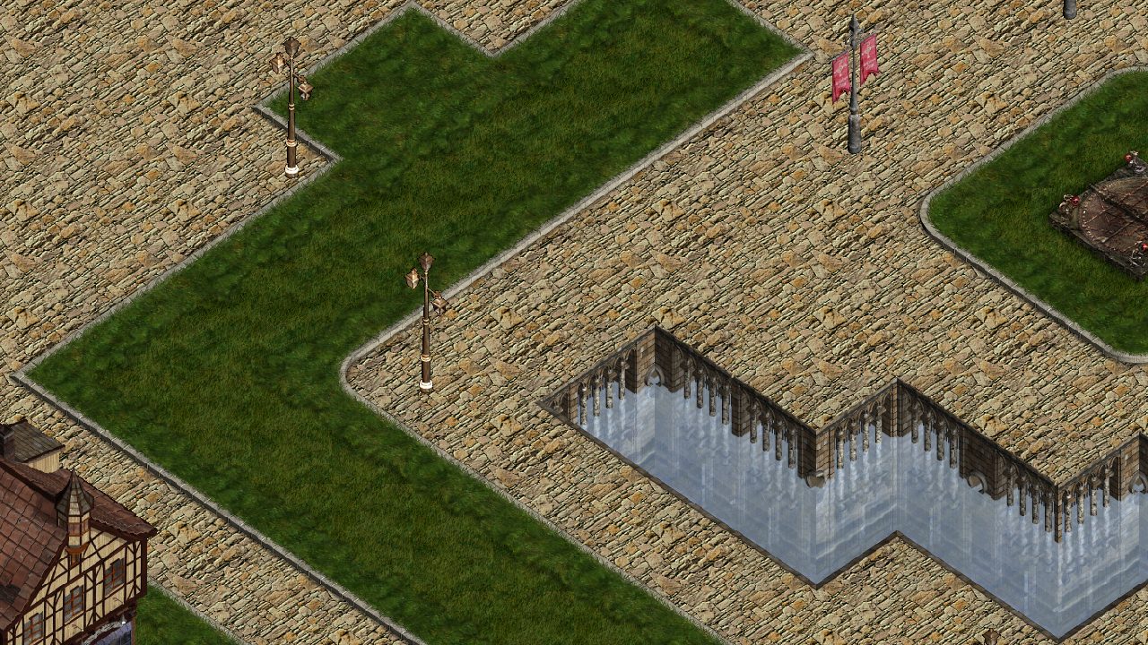 An isometric view of a city square with grass, stone paving, lamp posts and banners.